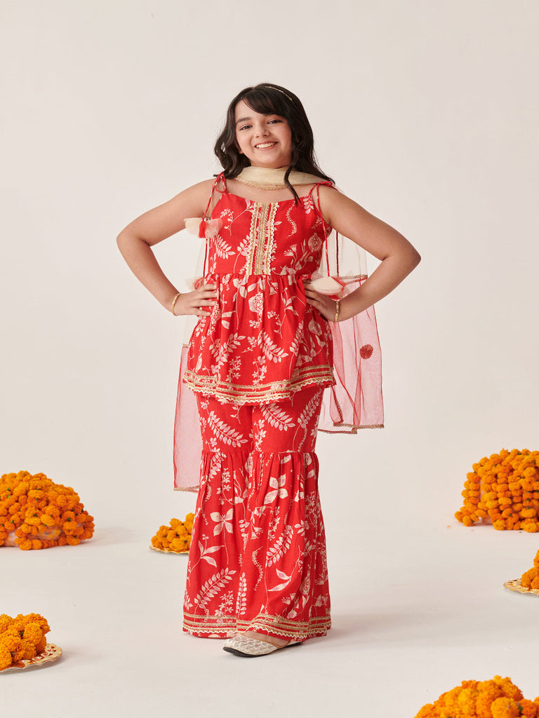 Girls Floral Printed Regular Kurti With Sharara & With Dupatta (SHA-REDSLUB)