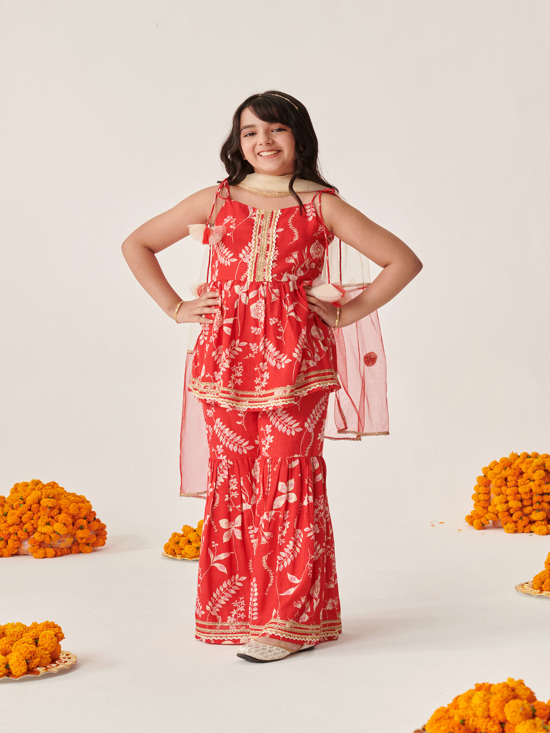 Pspeaches Girls Red Ethnic Floral Printed Cotton Slub A-Line Kurta & Sharara With Dupatta ( Sku-Sha-Redslub )