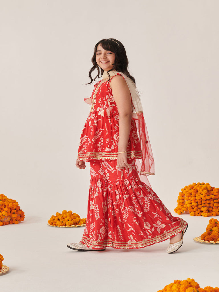 Girls Floral Printed Regular Kurti With Sharara & With Dupatta (SHA-REDSLUB)