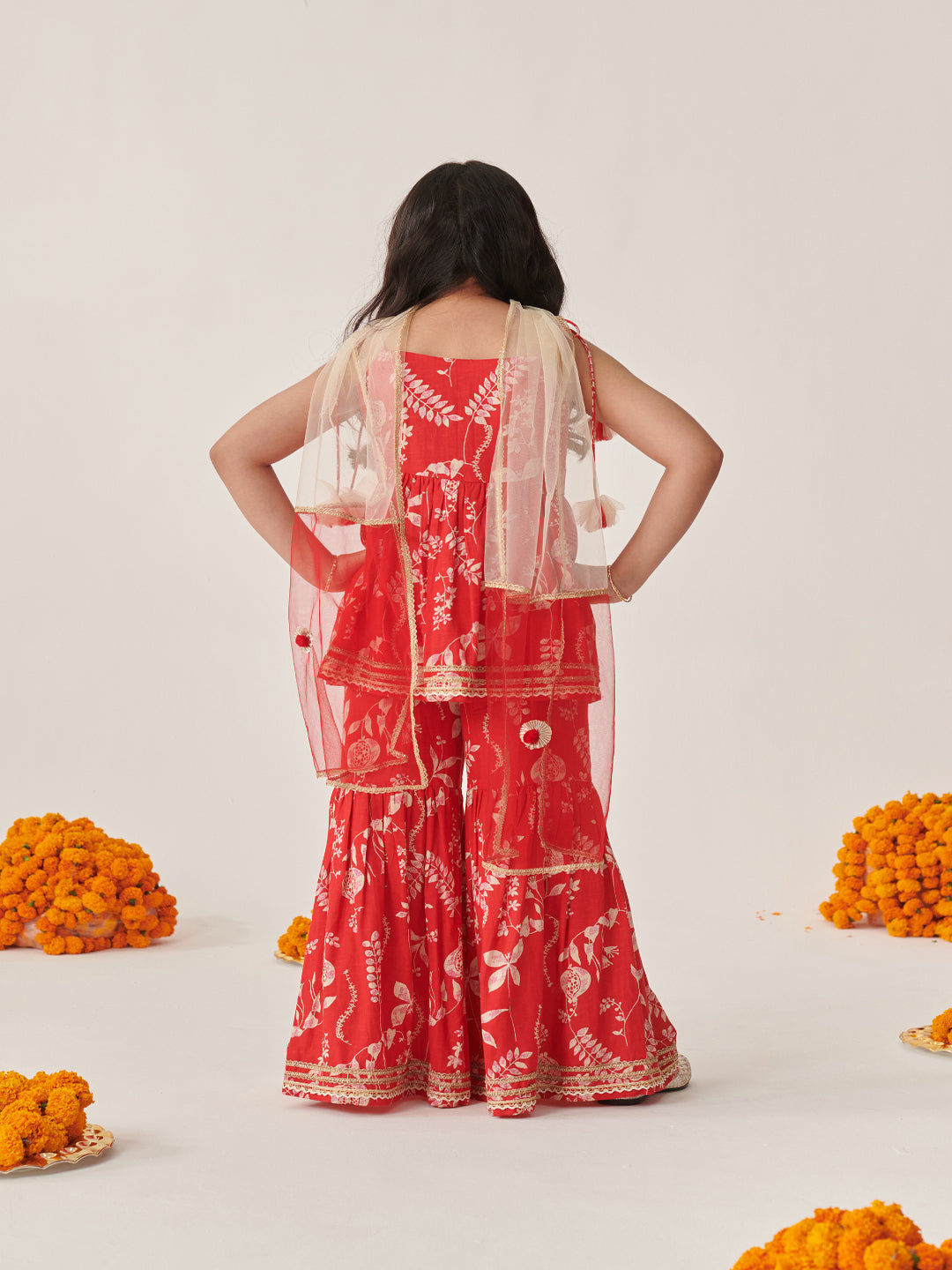 Girls Floral Printed Regular Kurti With Sharara & With Dupatta (SHA-REDSLUB)