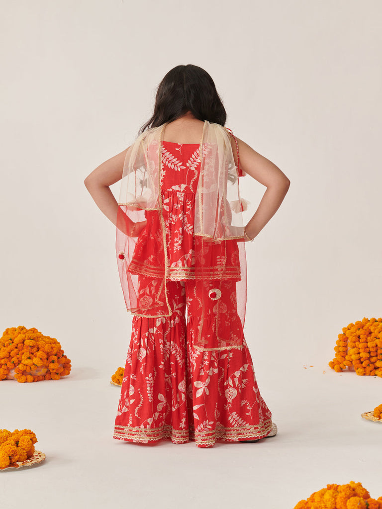 Girls Floral Printed Regular Kurti With Sharara & With Dupatta (SHA-REDSLUB)