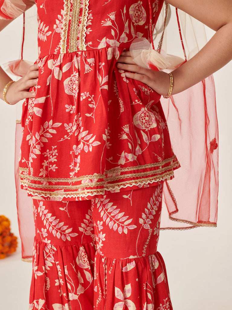 Girls Floral Printed Regular Kurti With Sharara & With Dupatta (SHA-REDSLUB)