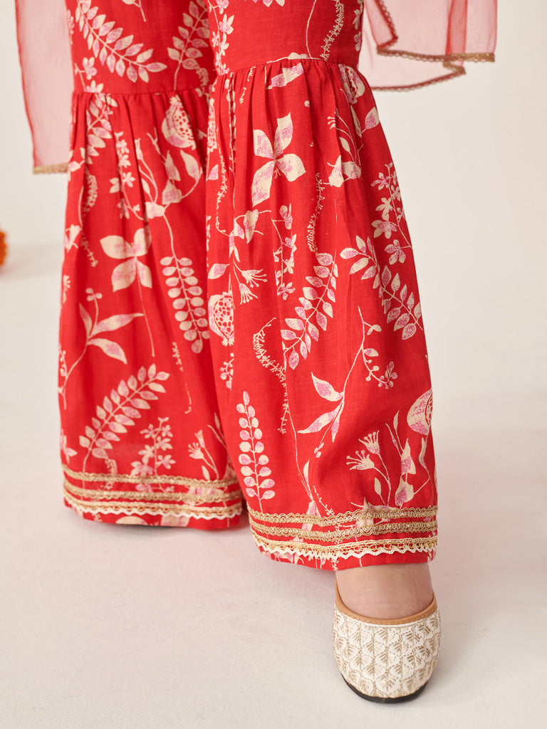 Girls Floral Printed Regular Kurti With Sharara & With Dupatta (SHA-REDSLUB)