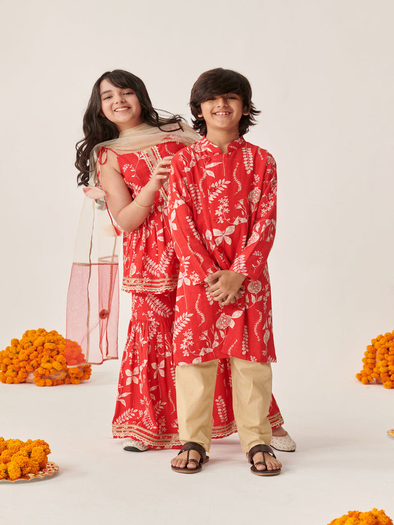Girls Floral Printed Regular Kurti With Sharara & With Dupatta (SHA-REDSLUB)