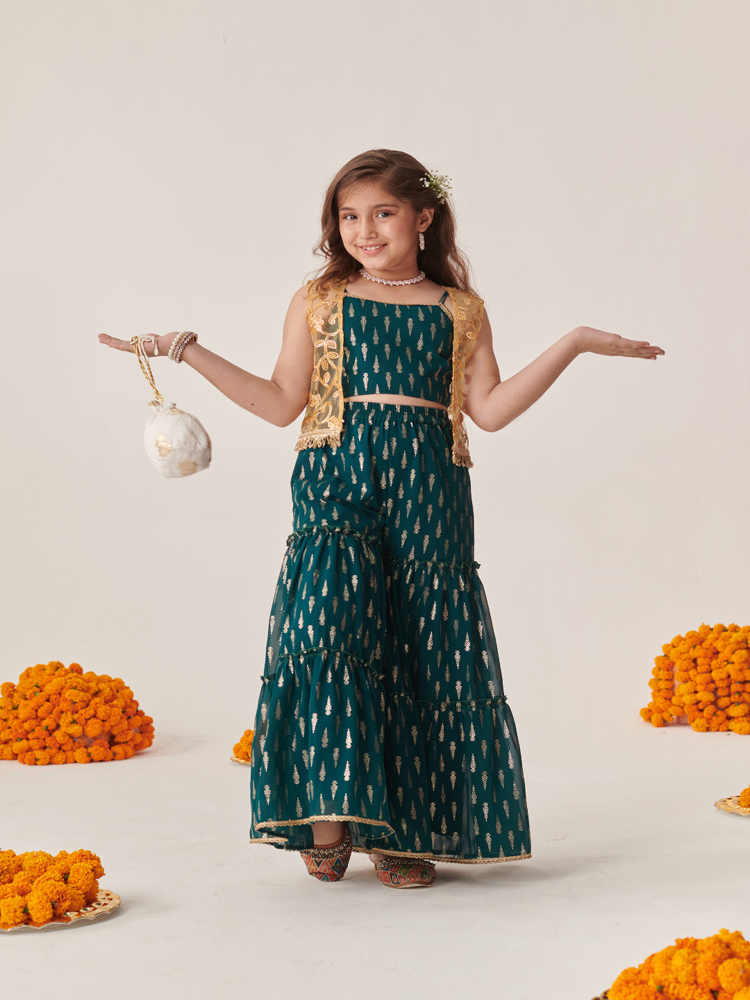 Girls Floral Printed Regular Top With Sharara (SHA-TEALGGT)