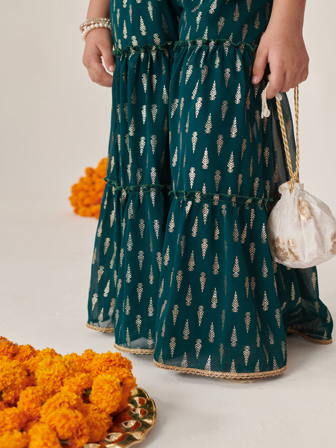 Girls Floral Printed Regular Top With Sharara (SHA-TEALGGT)