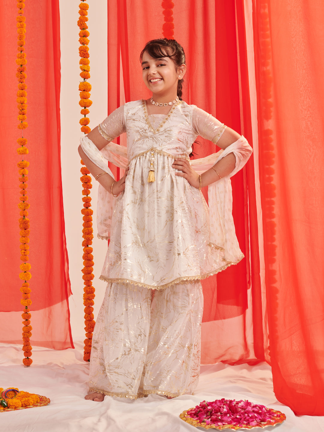 Pspeaches Girls White Ethnic Foil Pattern Net A-Line Kurta & Sharara With Dupatta Set ( Sku-Sha-Wtgoldshimmer )
