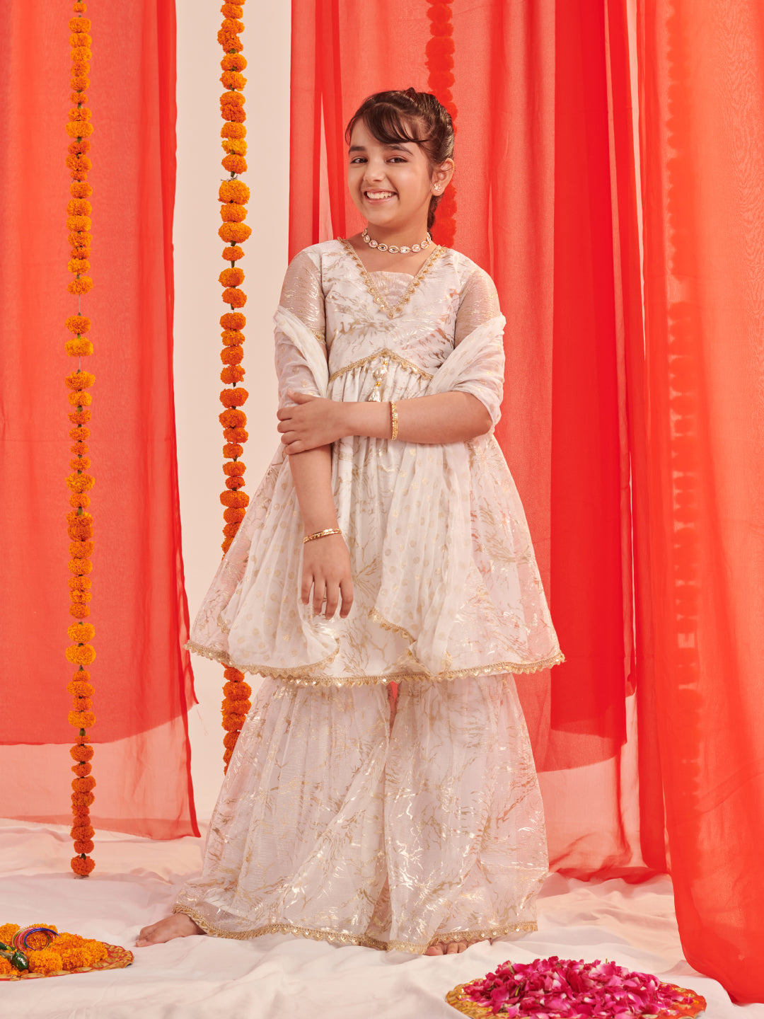 Girls Floral Printed Regular Kurta With Sharara & With Dupatta (SHA-WTGOLDSHIMMER)