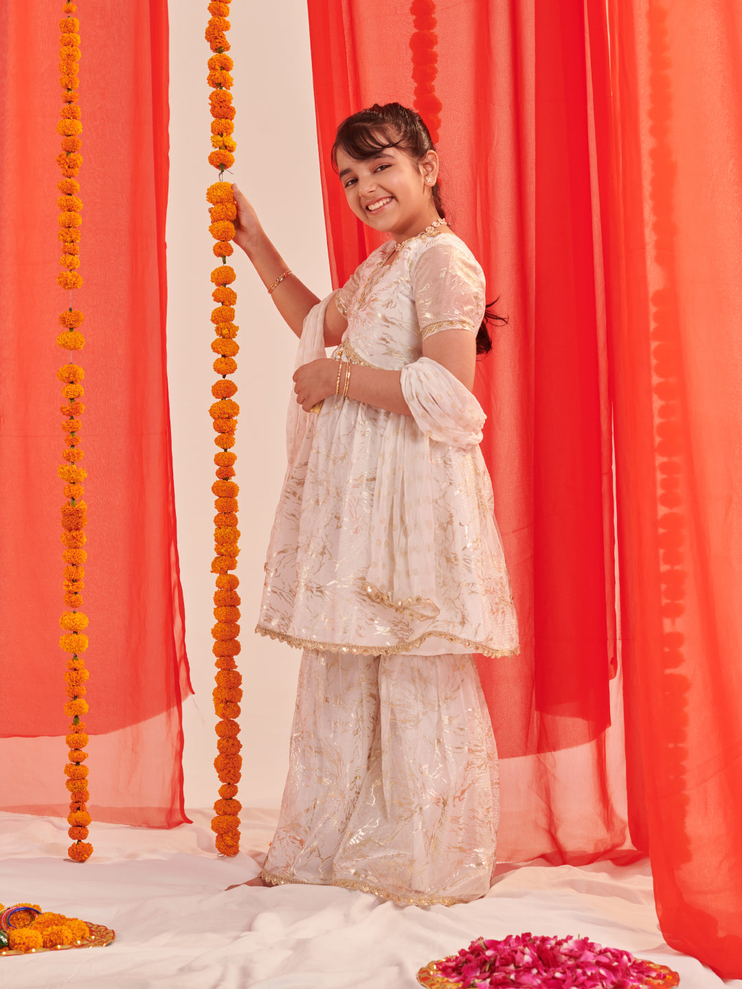 Girls Floral Printed Regular Kurta With Sharara & With Dupatta (SHA-WTGOLDSHIMMER)