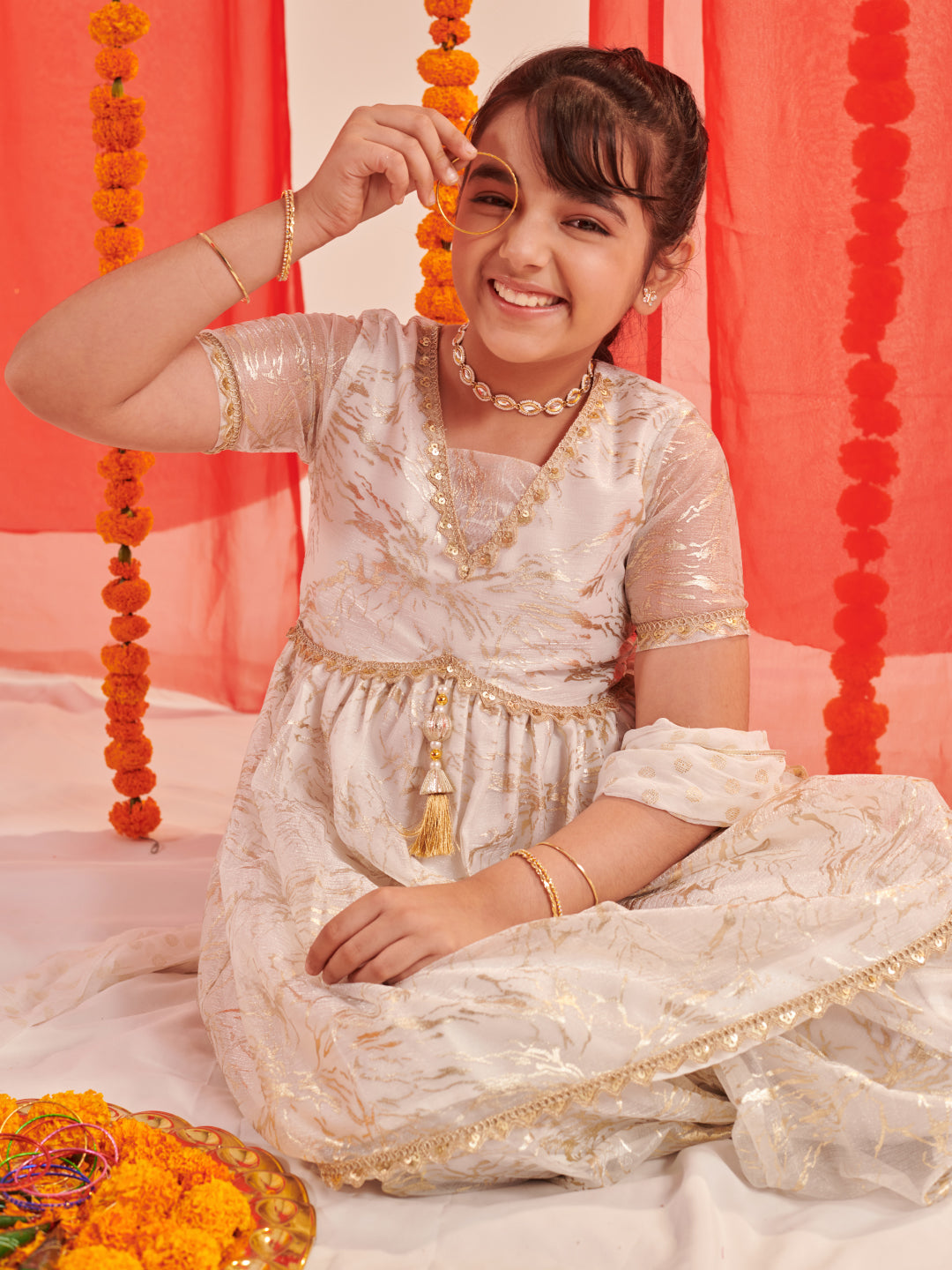 Girls Floral Printed Regular Kurta With Sharara & With Dupatta (SHA-WTGOLDSHIMMER)