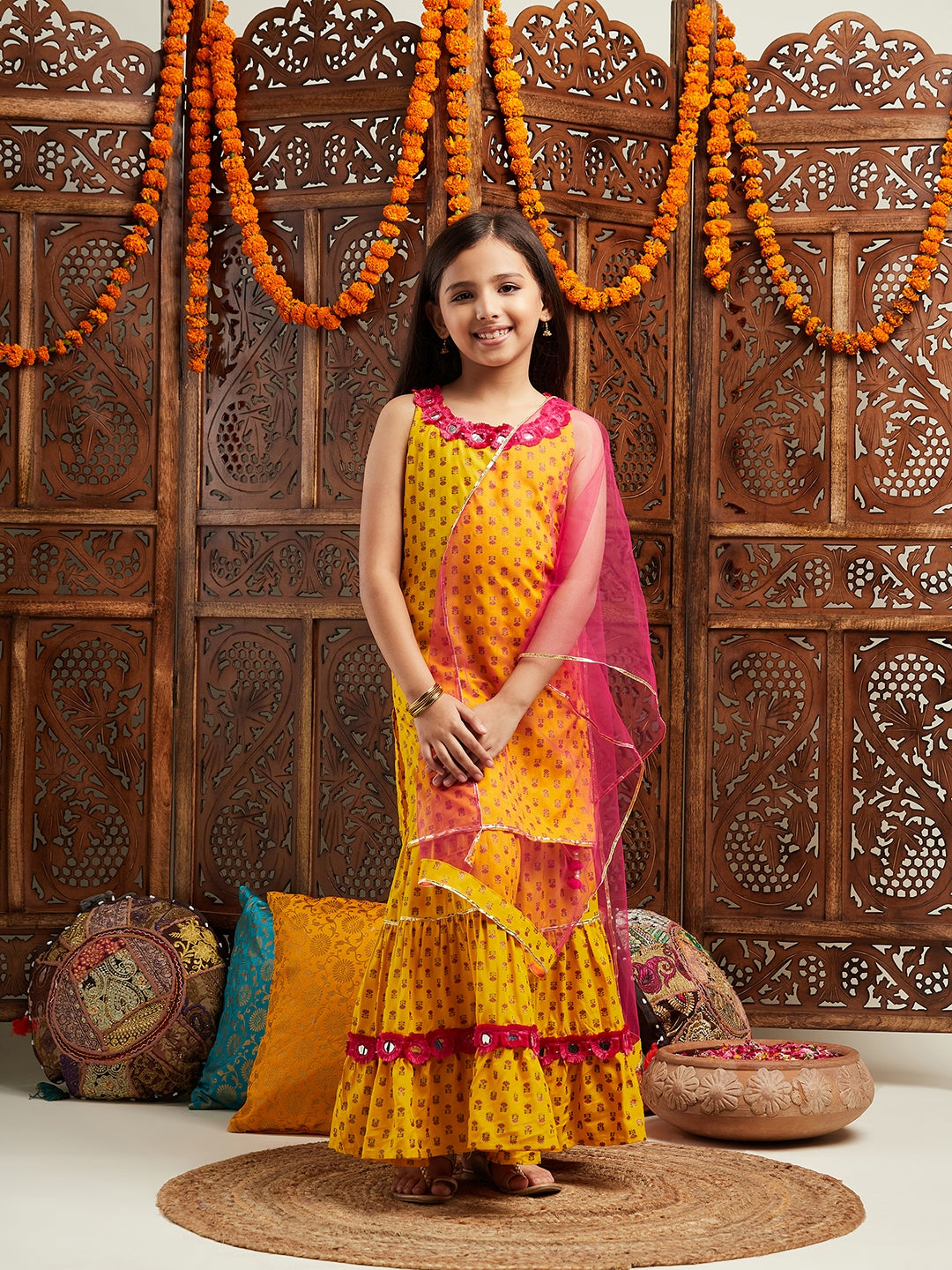 Pspeaches Girls Ethnic Motifs Printed Regular Mirror Work Kurta With Sharara & Dupatta (SHA-YELLOWBOOTI)
