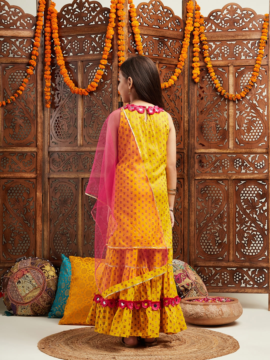 Pspeaches Girls Ethnic Motifs Printed Regular Mirror Work Kurta With Sharara & Dupatta (SHA-YELLOWBOOTI)