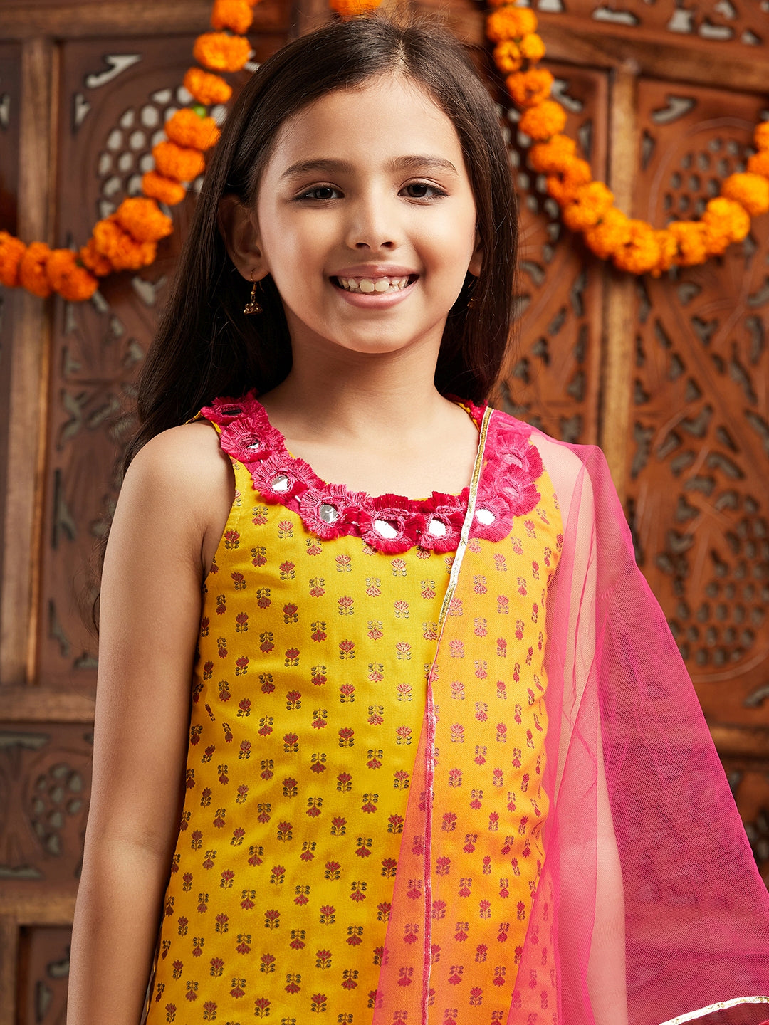 Pspeaches Girls Ethnic Motifs Printed Regular Mirror Work Kurta With Sharara & Dupatta (SHA-YELLOWBOOTI)