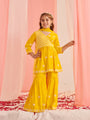 Girls Floral Embroidered Empire Thread Work Kurta With Sharara & With Dupatta (SHA-YELLOWCHIKANKARI)