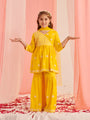 Girls Floral Embroidered Empire Thread Work Kurta With Sharara & With Dupatta (SHA-YELLOWCHIKANKARI)