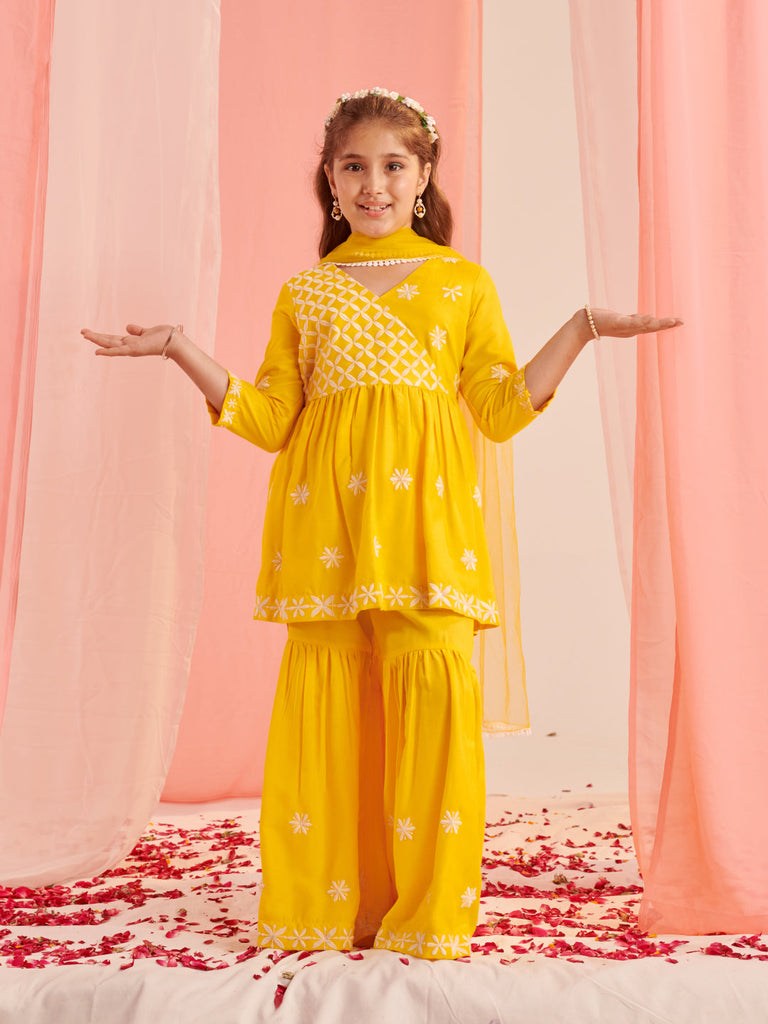 Girls Floral Embroidered Empire Thread Work Kurta With Sharara & With Dupatta (SHA-YELLOWCHIKANKARI)