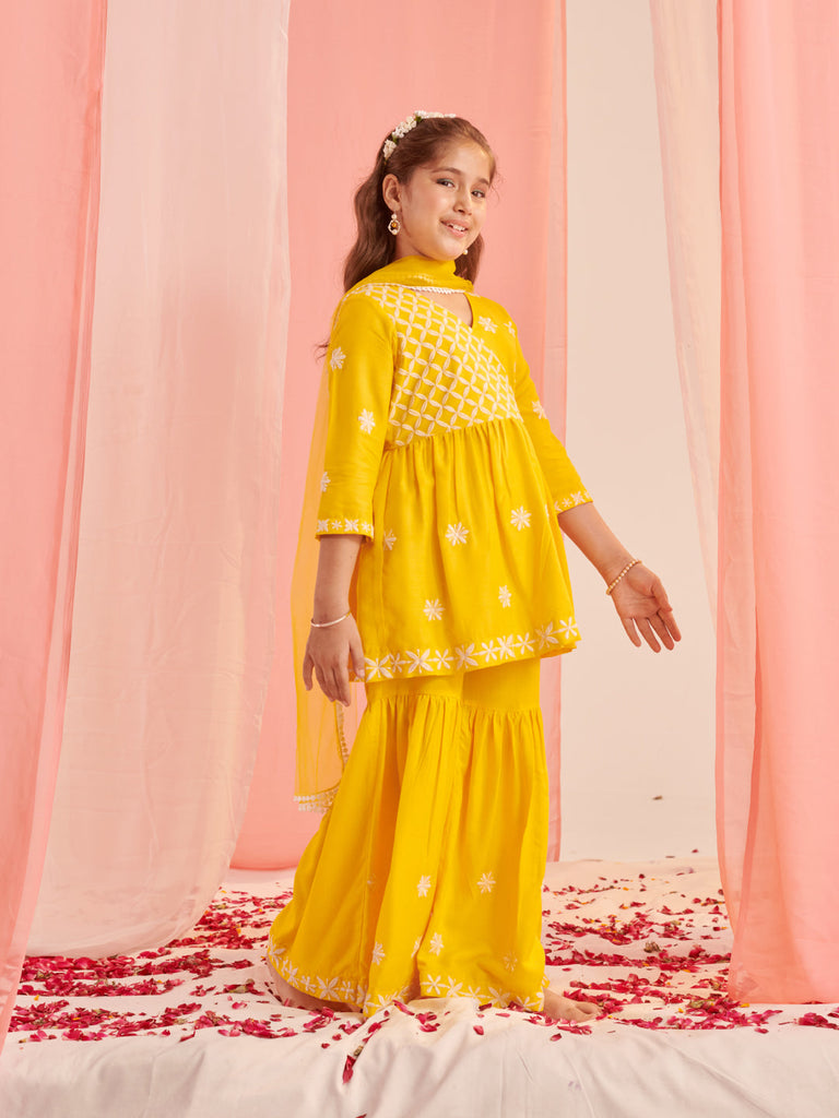 Girls Floral Embroidered Empire Thread Work Kurta With Sharara & With Dupatta (SHA-YELLOWCHIKANKARI)
