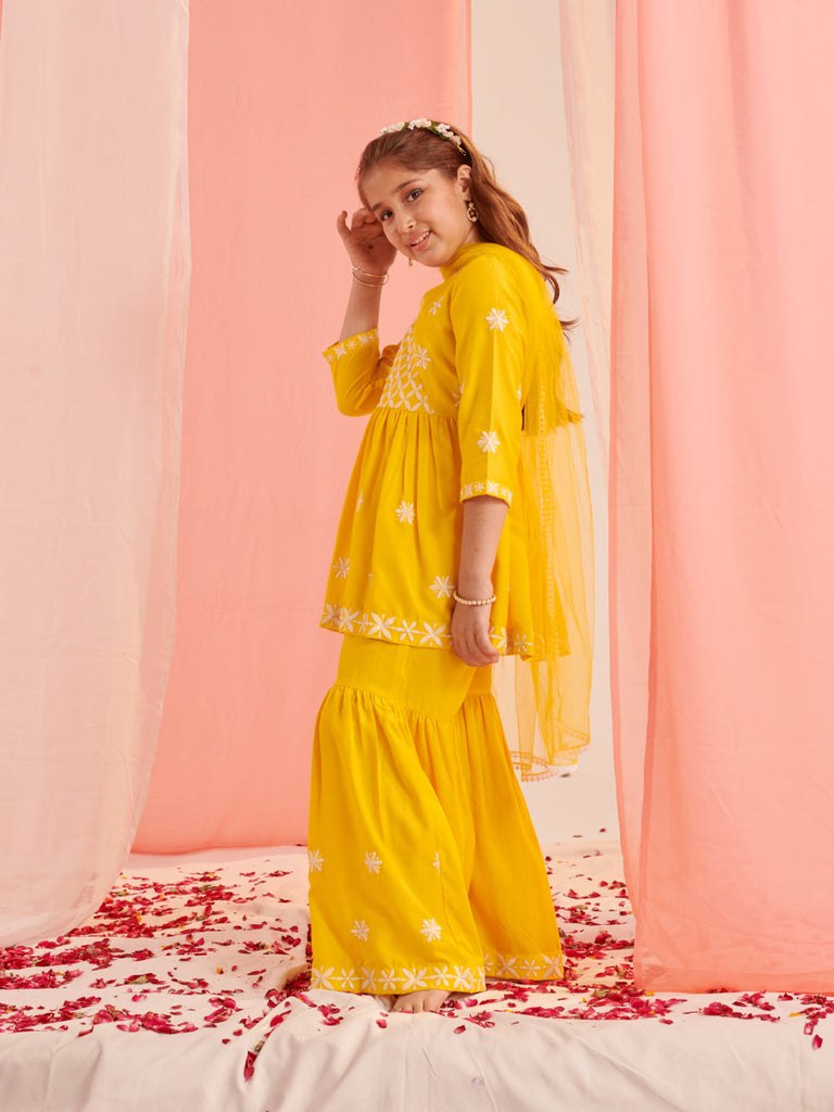 Girls Floral Embroidered Empire Thread Work Kurta With Sharara & With Dupatta (SHA-YELLOWCHIKANKARI)
