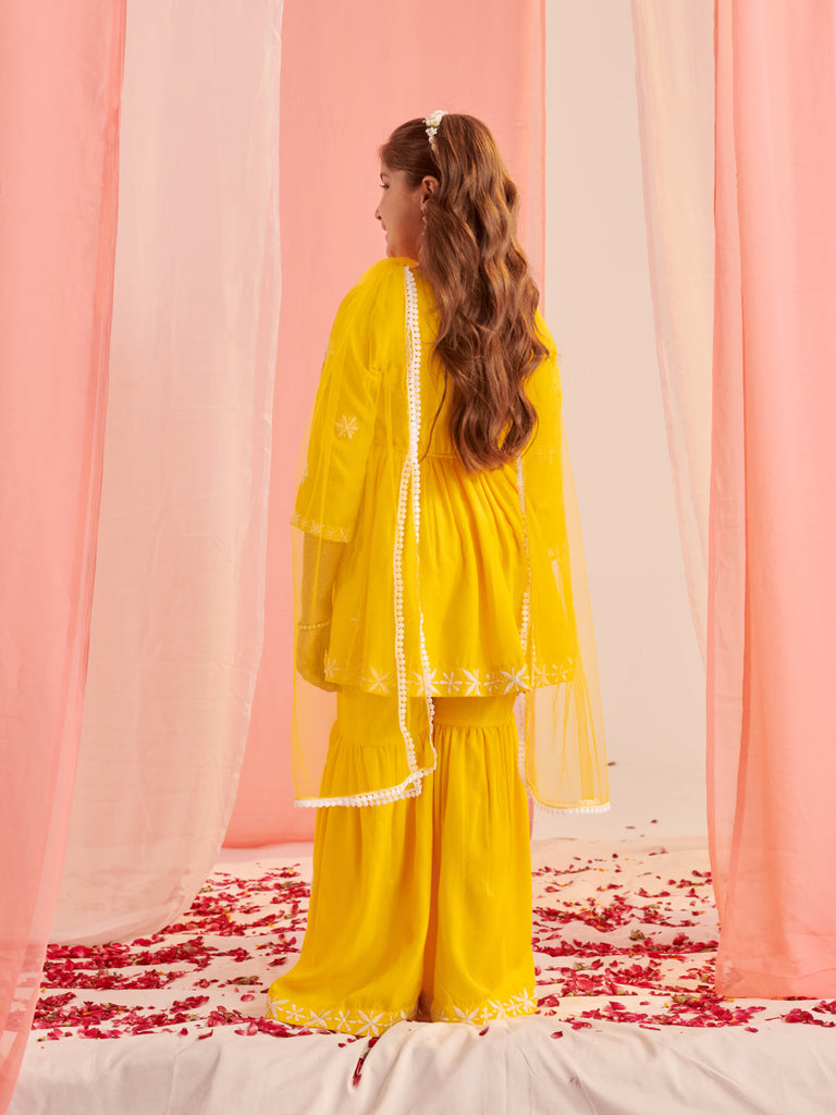 Girls Floral Embroidered Empire Thread Work Kurta With Sharara & With Dupatta (SHA-YELLOWCHIKANKARI)