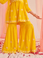 Girls Floral Embroidered Empire Thread Work Kurta With Sharara & With Dupatta (SHA-YELLOWCHIKANKARI)