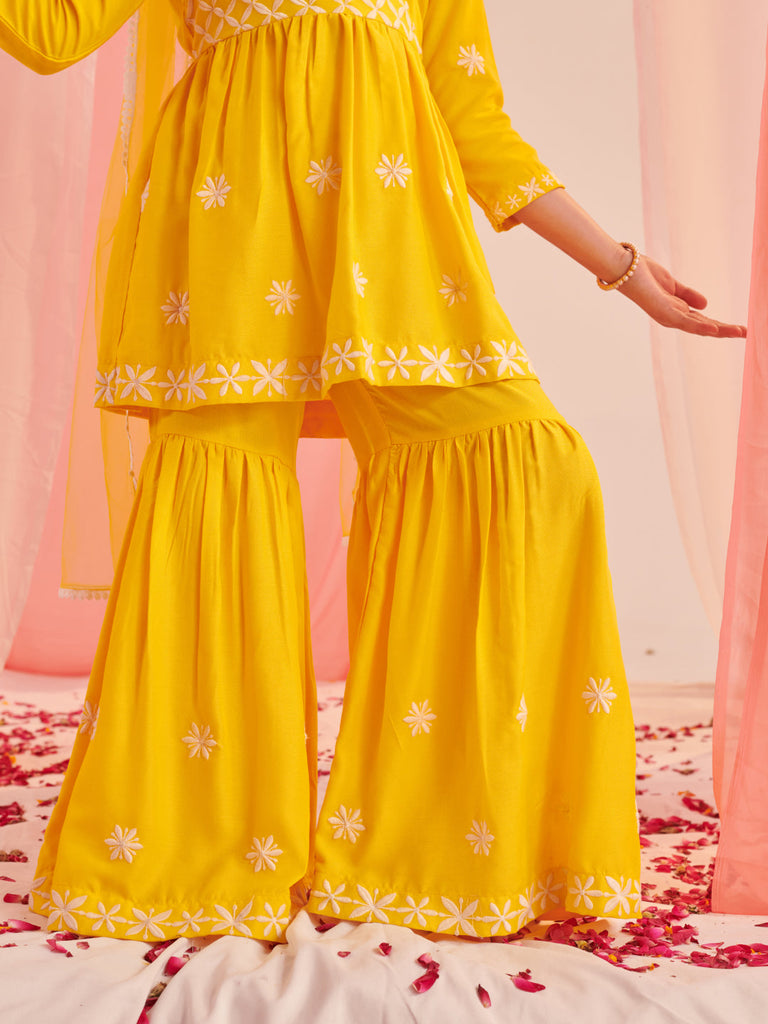 Girls Floral Embroidered Empire Thread Work Kurta With Sharara & With Dupatta (SHA-YELLOWCHIKANKARI)
