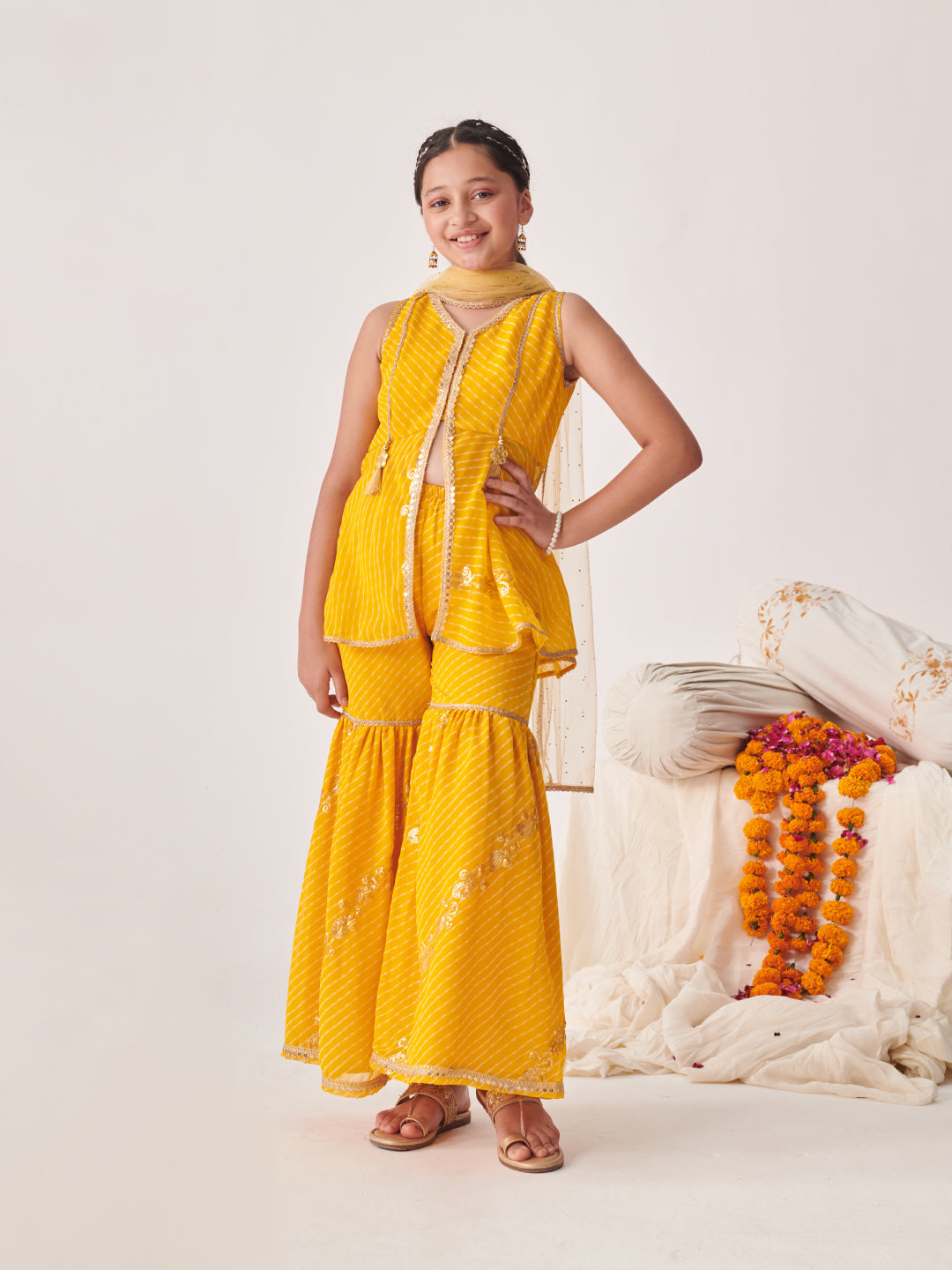 Pspeaches Girls Ethnic Yellow Leheriya Printed Georgette A-Line Kurta Sharara Set With Dupatta (Sku-Sha-Yellowleheriyaseq)