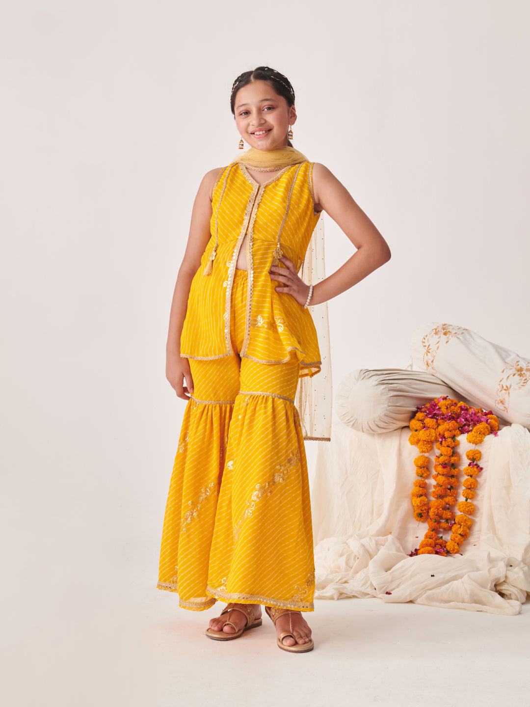 Girls Printed Regular Sequinned Kurta With Sharara With Dupatta (SHA-YELLOWLEHERIYASEQ)