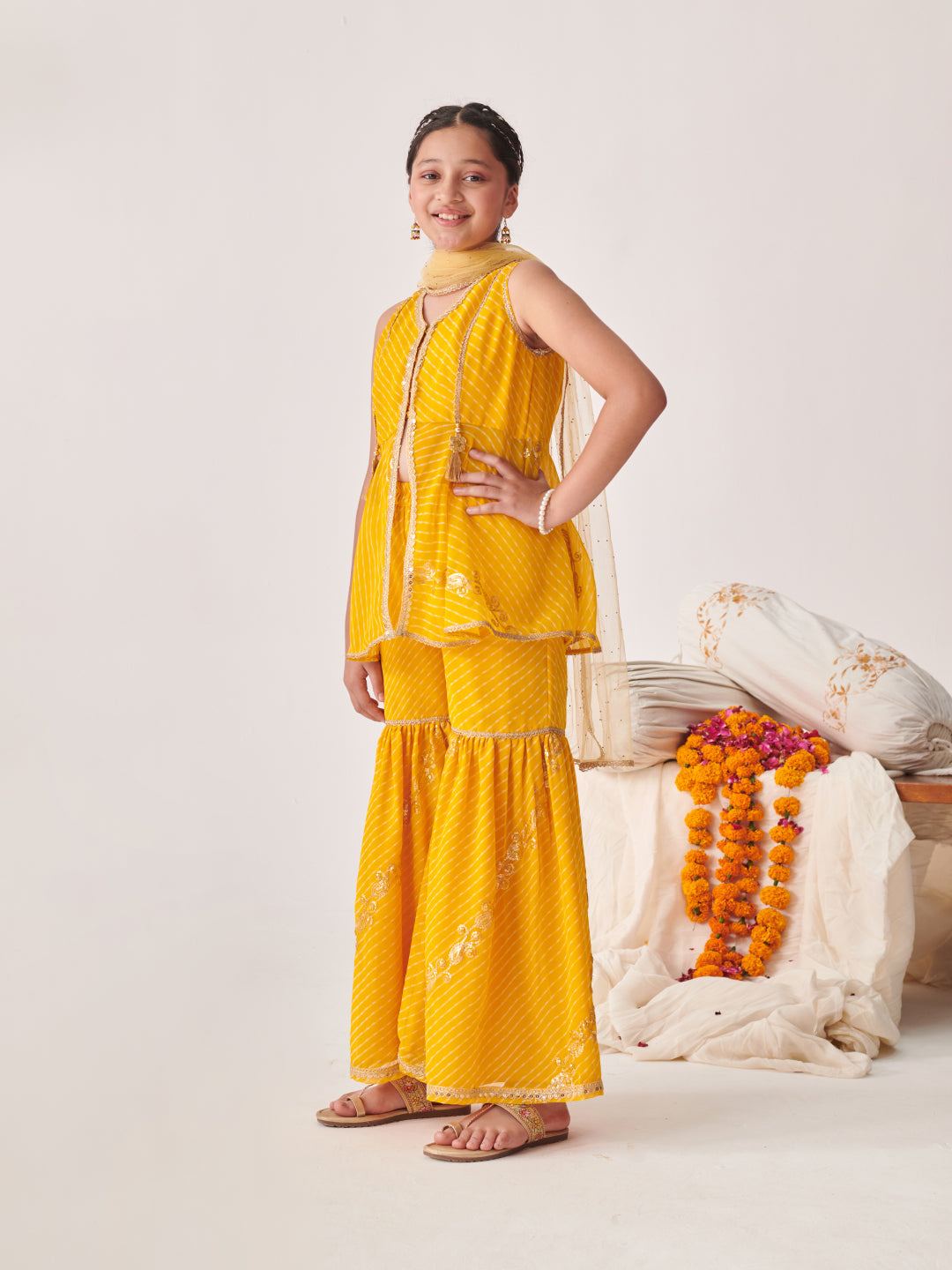 Girls Printed Regular Sequinned Kurta With Sharara With Dupatta (SHA-YELLOWLEHERIYASEQ)