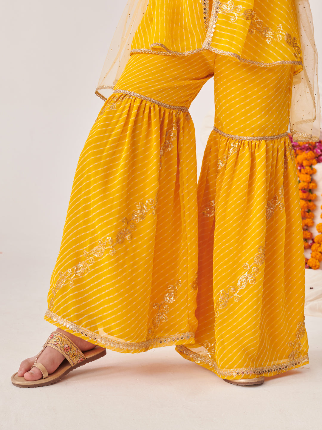 Girls Printed Regular Sequinned Kurta With Sharara With Dupatta (SHA-YELLOWLEHERIYASEQ)