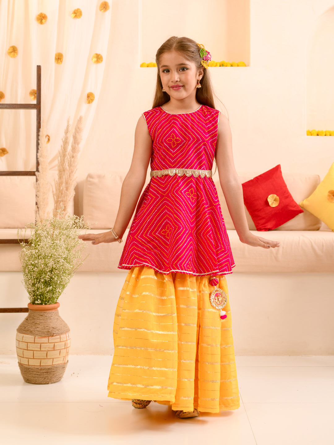 Girls Printed Regular Pure Cotton Kurta With Skirt (SHA-YELLOWLUREX)