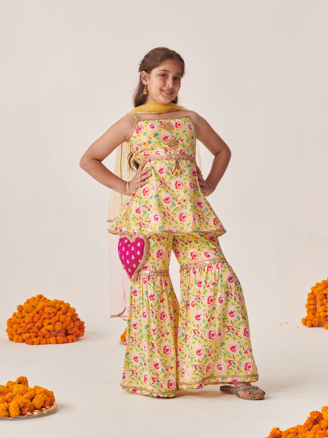 Girls Floral Printed Regular Kurta With Sharara & With Dupatta (SHA-YELLOWMGJAAL)