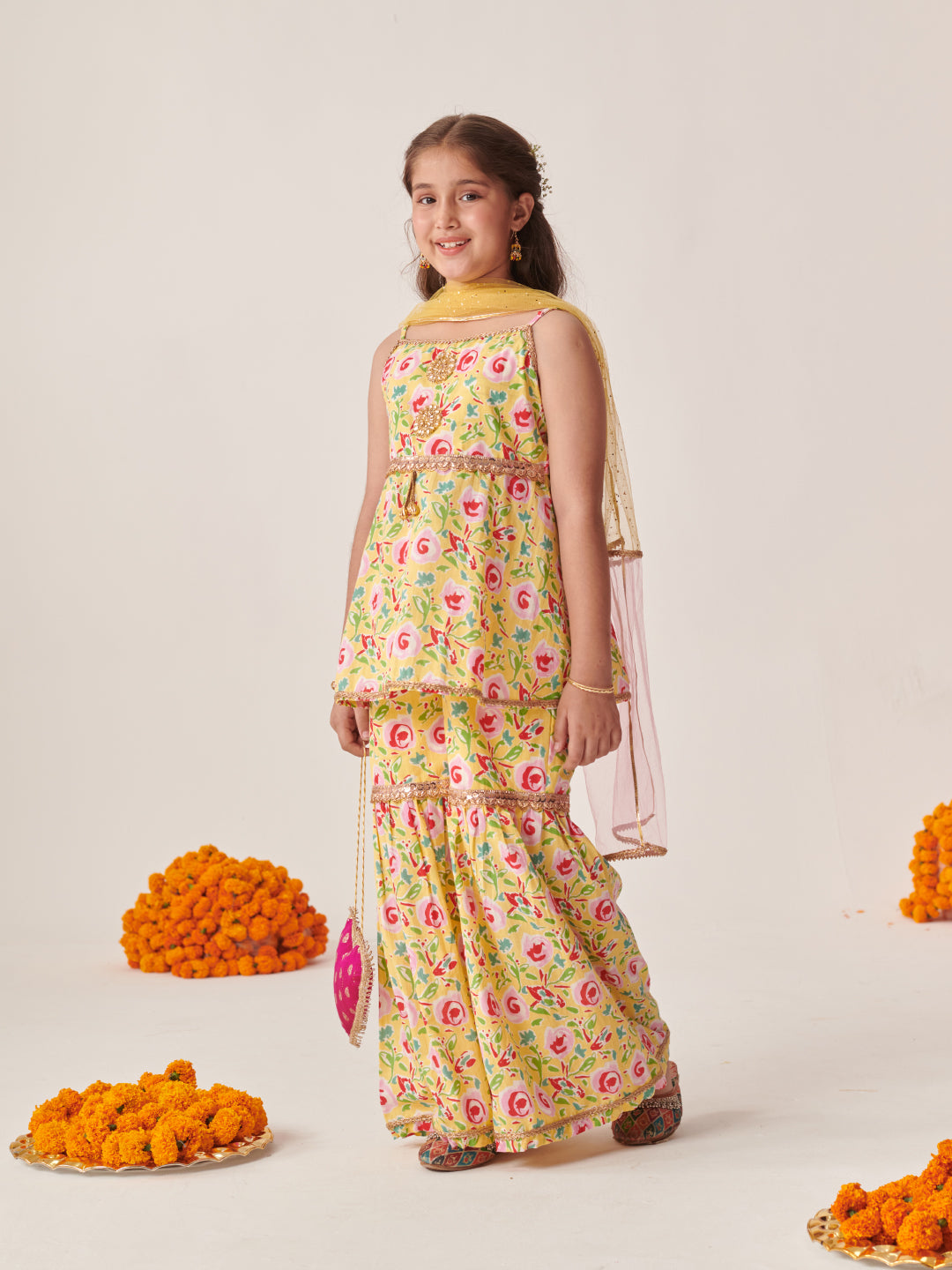 Girls Floral Printed Regular Kurta With Sharara & With Dupatta (SHA-YELLOWMGJAAL)