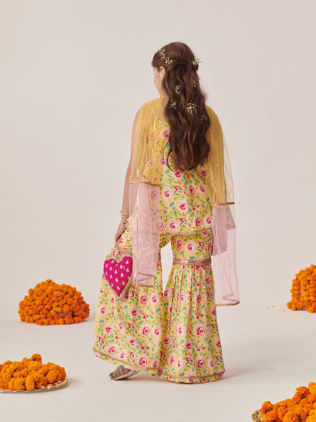 Girls Floral Printed Regular Kurta With Sharara & With Dupatta (SHA-YELLOWMGJAAL)