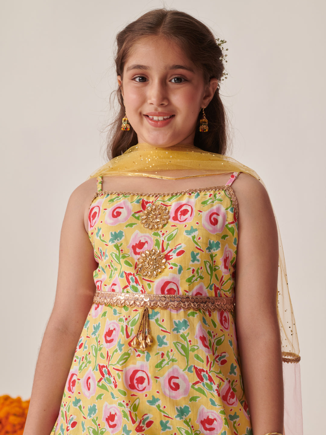 Girls Floral Printed Regular Kurta With Sharara & With Dupatta (SHA-YELLOWMGJAAL)