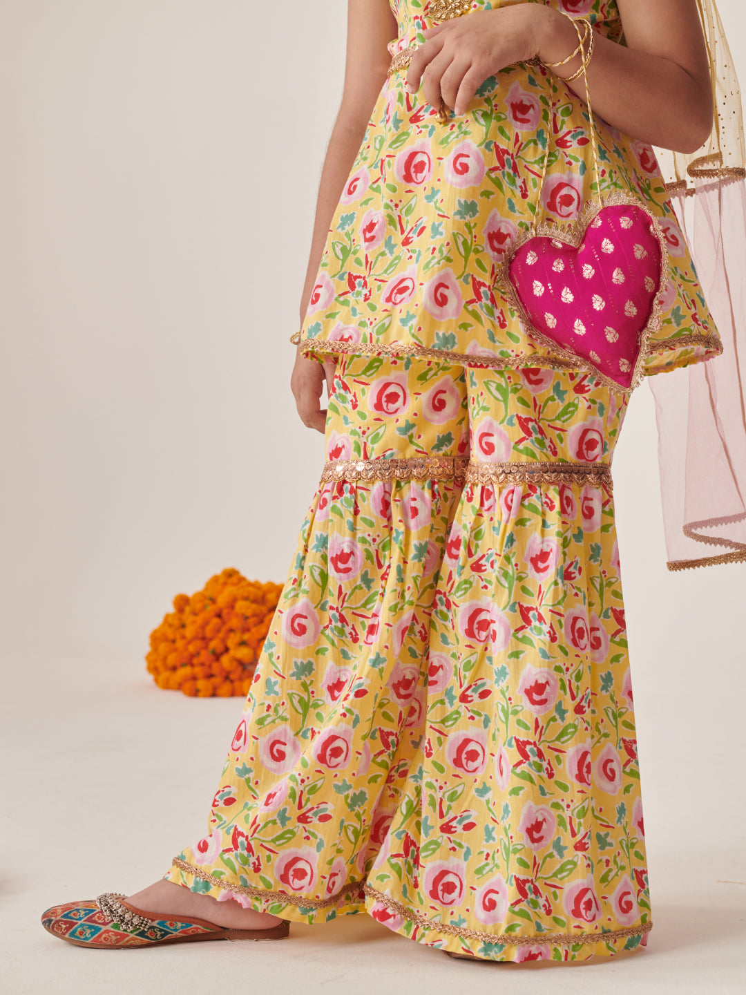 Girls Floral Printed Regular Kurta With Sharara & With Dupatta (SHA-YELLOWMGJAAL)