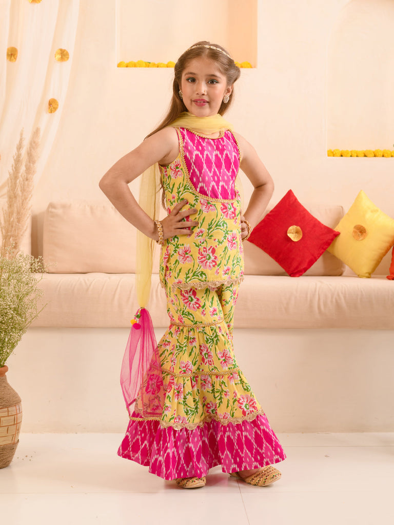 Girls Floral Printed Regular Pure Cotton Kurta With Sharara & Dupatta (SHA-YELLOWPINKFLOWER)