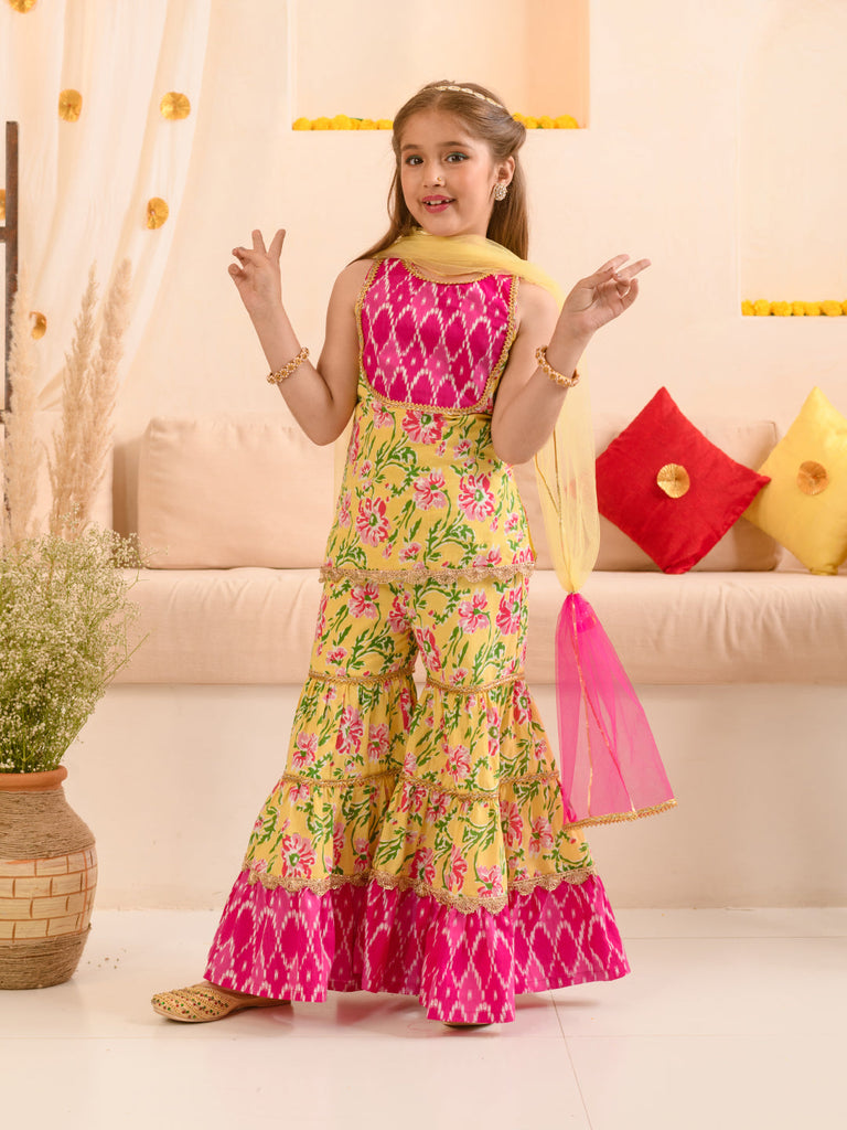 Girls Floral Printed Regular Pure Cotton Kurta With Sharara & Dupatta (SHA-YELLOWPINKFLOWER)