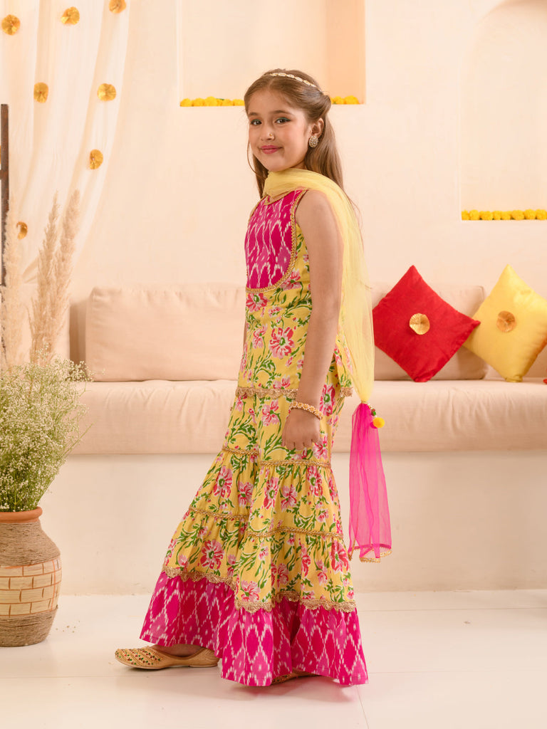 Girls Floral Printed Regular Pure Cotton Kurta With Sharara & Dupatta (SHA-YELLOWPINKFLOWER)