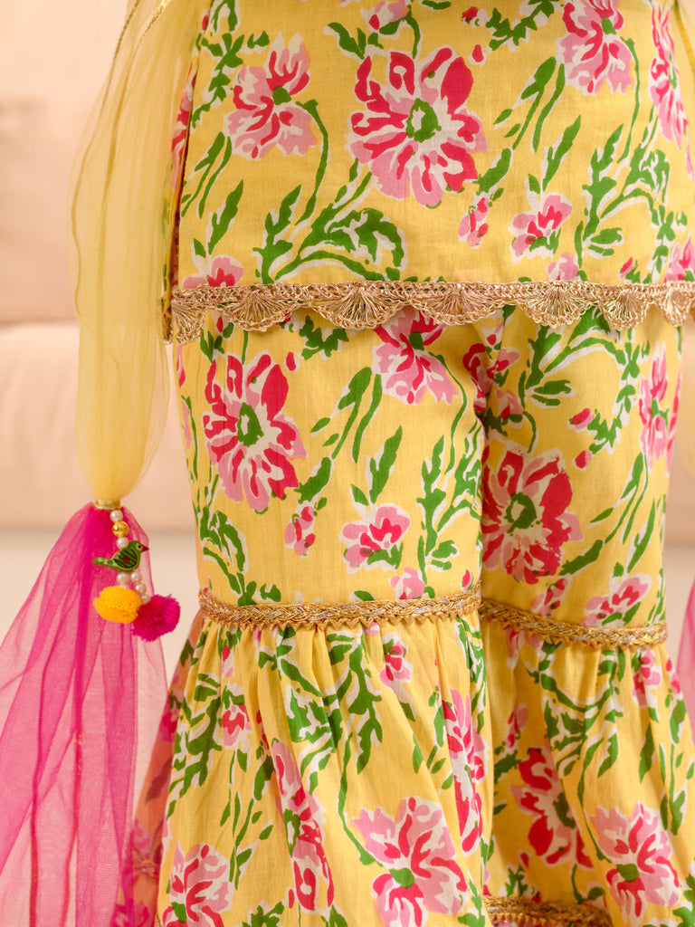 Girls Floral Printed Regular Pure Cotton Kurta With Sharara & Dupatta (SHA-YELLOWPINKFLOWER)