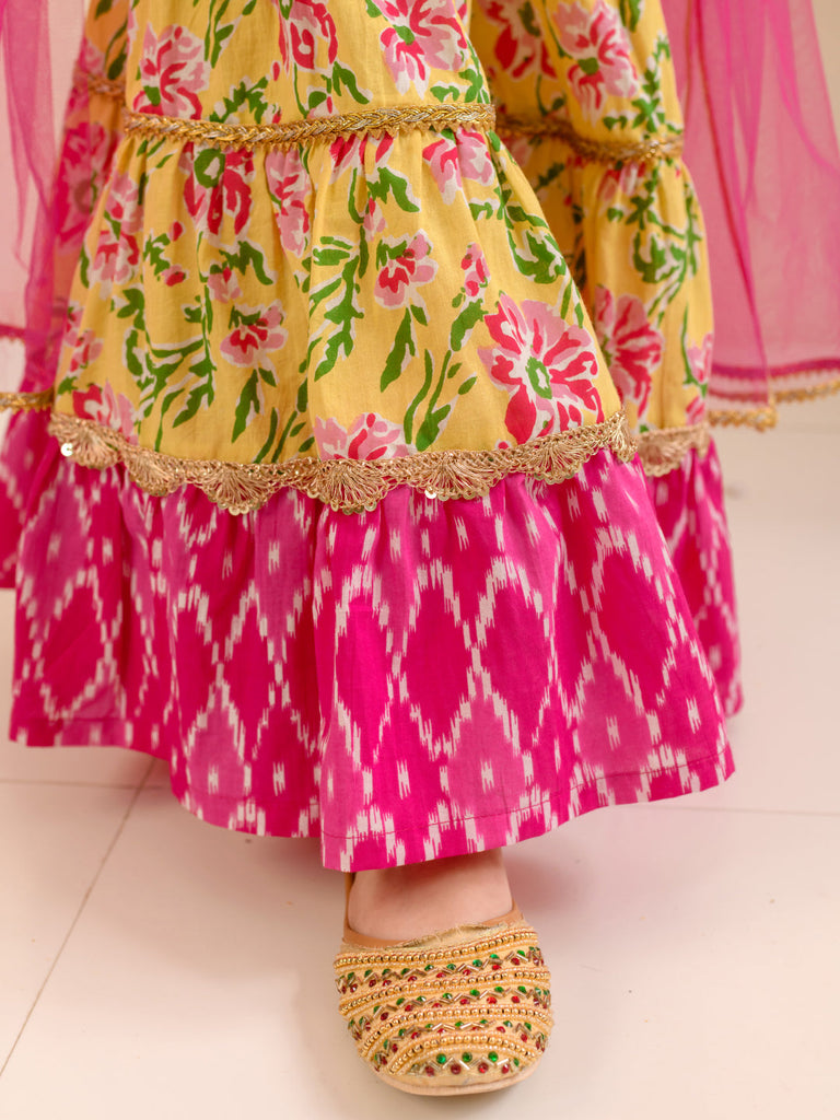 Girls Floral Printed Regular Pure Cotton Kurta With Sharara & Dupatta (SHA-YELLOWPINKFLOWER)