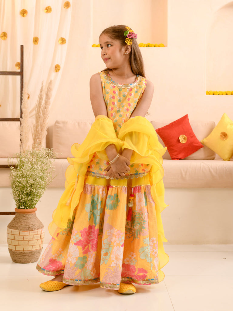 Girls Floral Printed Kurta with Sharara & With Dupatta (SHA-YELLOWSEQ)