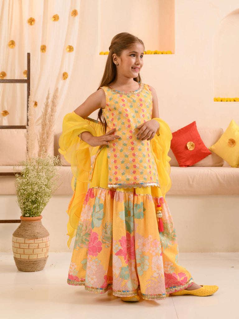 Girls Floral Printed Kurta with Sharara & With Dupatta (SHA-YELLOWSEQ)