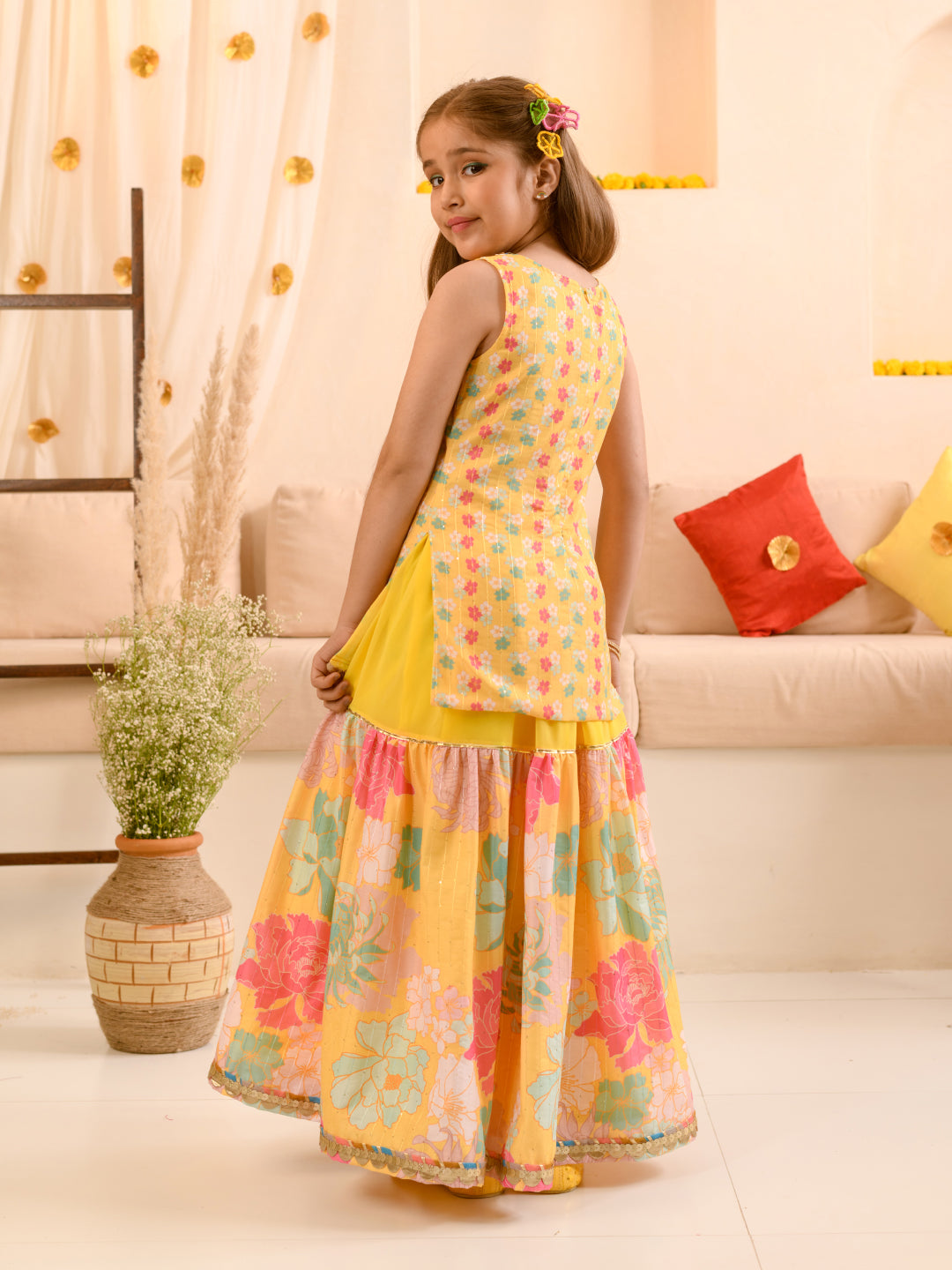 Girls Floral Printed Kurta with Sharara & With Dupatta (SHA-YELLOWSEQ)