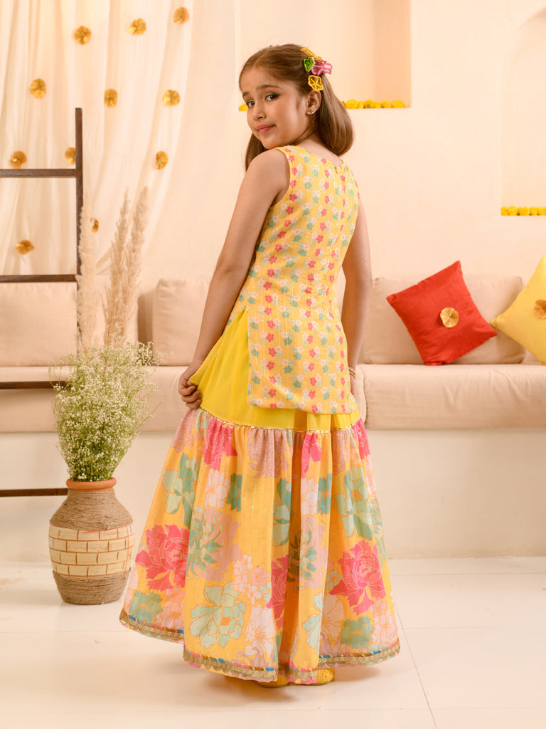 Girls Floral Printed Kurta with Sharara & With Dupatta (SHA-YELLOWSEQ)