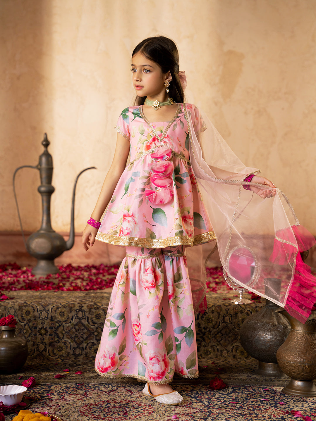 Pspeaches 3-Piece Peach Color Flex Kurta & Sharara With Dupatta (SHA25005501)