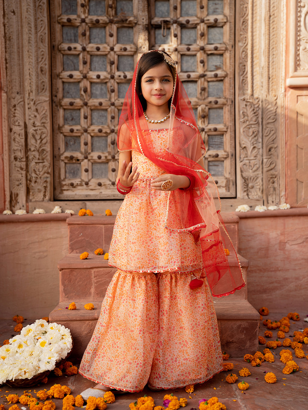Pspeaches 3-Piece Peach Color Organza Kurta & Sharara With Dupatta (SHA25011006)