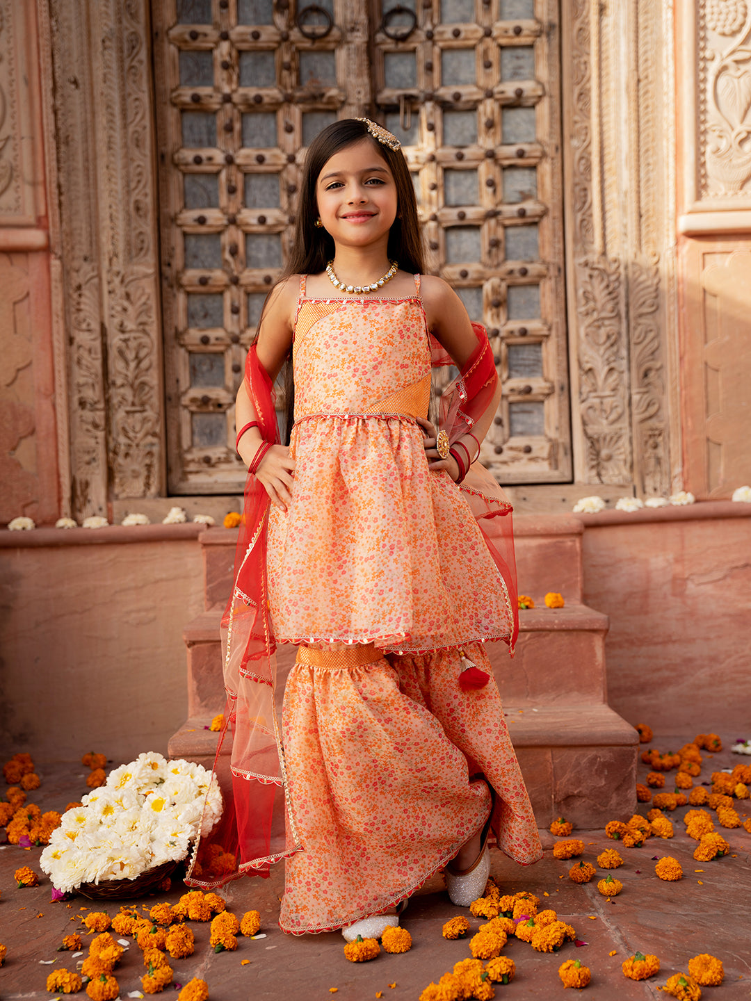 Pspeaches 3-Piece Peach Color Organza Kurta & Sharara With Dupatta (SHA25011006)