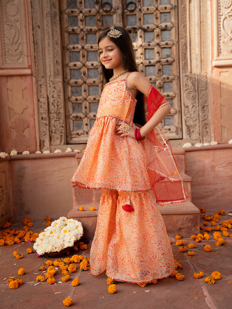 Pspeaches 3-Piece Peach Color Organza Kurta & Sharara With Dupatta (SHA25011006)