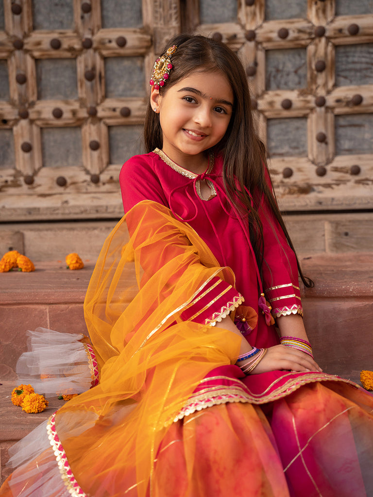 Pspeaches 3-Piece Magenta Color Cotton Kurta & Organza Sharara With Dupatta (SHA25014809)