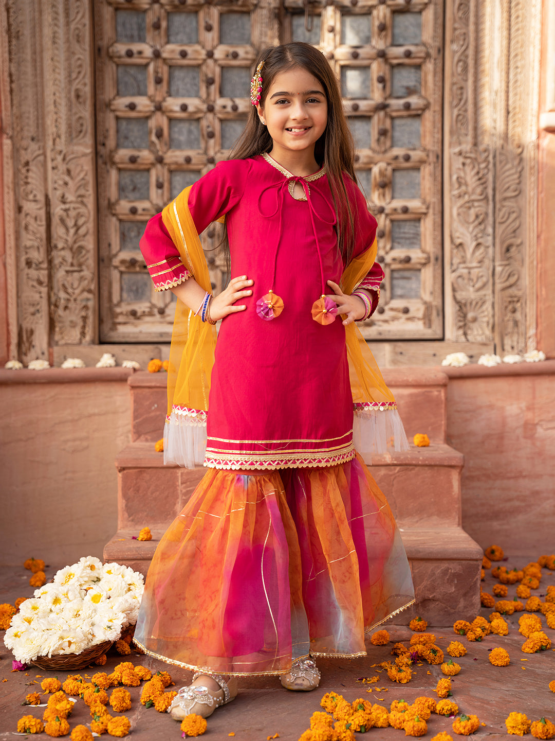 Pspeaches 3-Piece Magenta Color Cotton Kurta & Organza Sharara With Dupatta (SHA25014809)